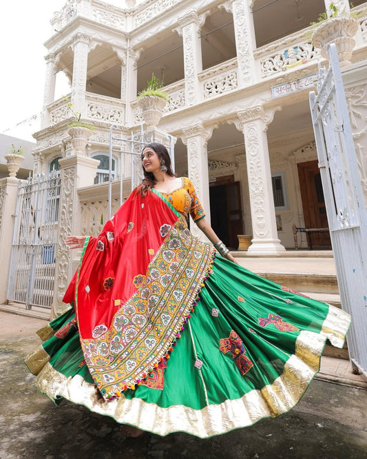 Yellow Green Fancy Digital Print Real Mirror Work Navaratri Lehenga Choli