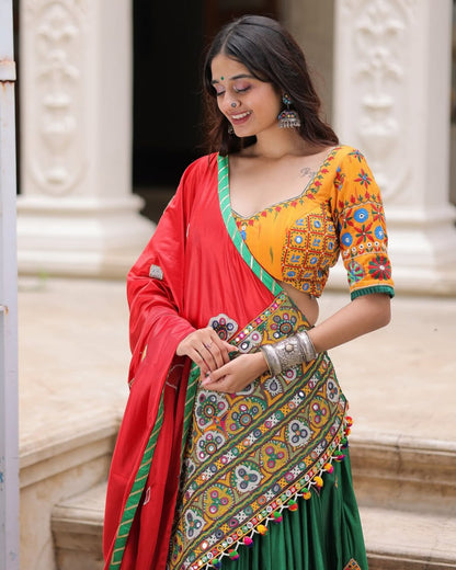 Yellow Green Fancy Digital Print Real Mirror Work Navaratri Lehenga Choli