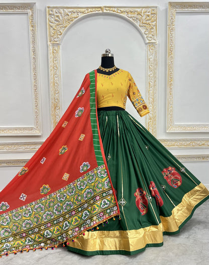 Yellow Green Fancy Digital Print Real Mirror Work Navaratri Lehenga Choli