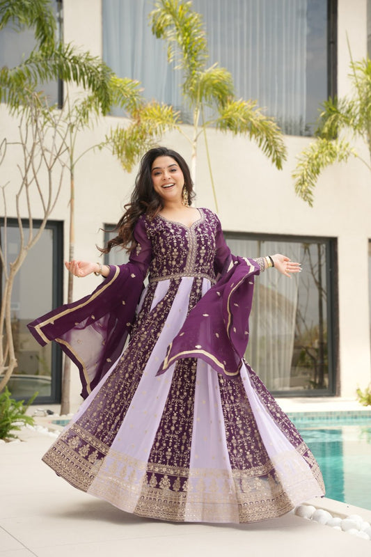 Wine Faux Blooming With Sequins Embroidered Work Luxury Gown