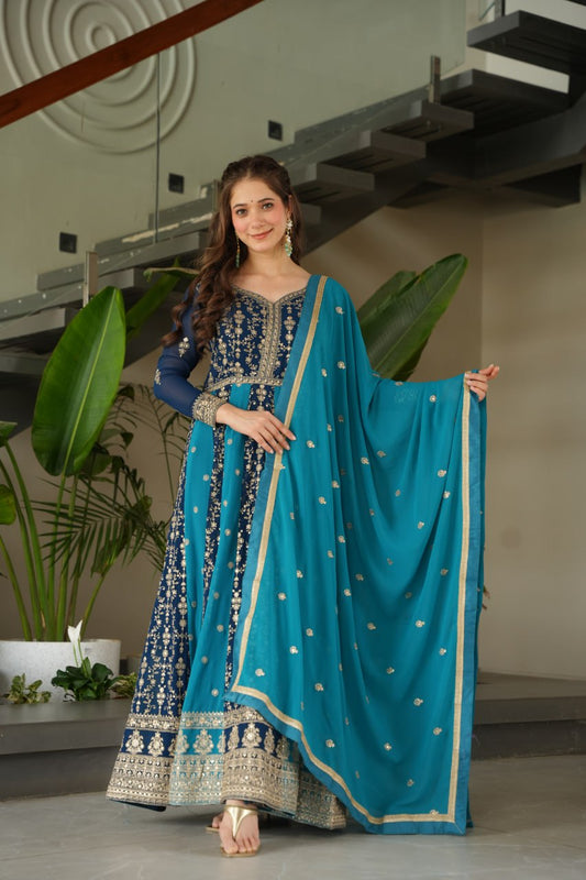 Blue Faux Blooming With Sequins Embroidered Work Luxury Gown
