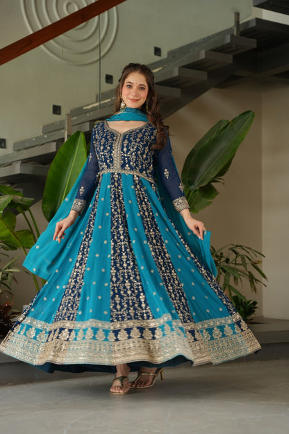 Blue Faux Blooming With Sequins Embroidered Work Luxury Gown