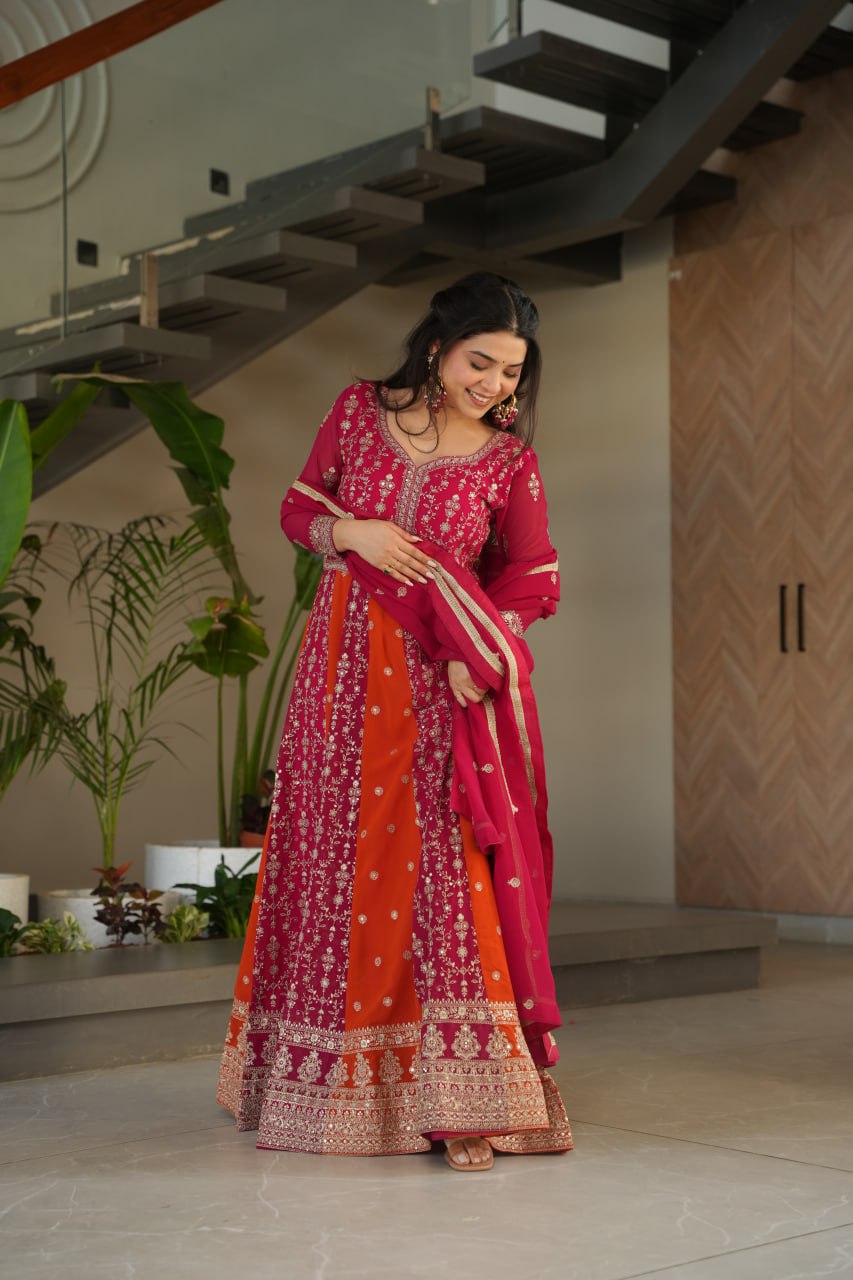 Pink Faux Blooming With Sequins Embroidered Work Luxury Gown