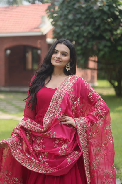 Pink Faux Blooming Gown With Dupatta With Attractive Embroidered Sequins Work With Lace Border