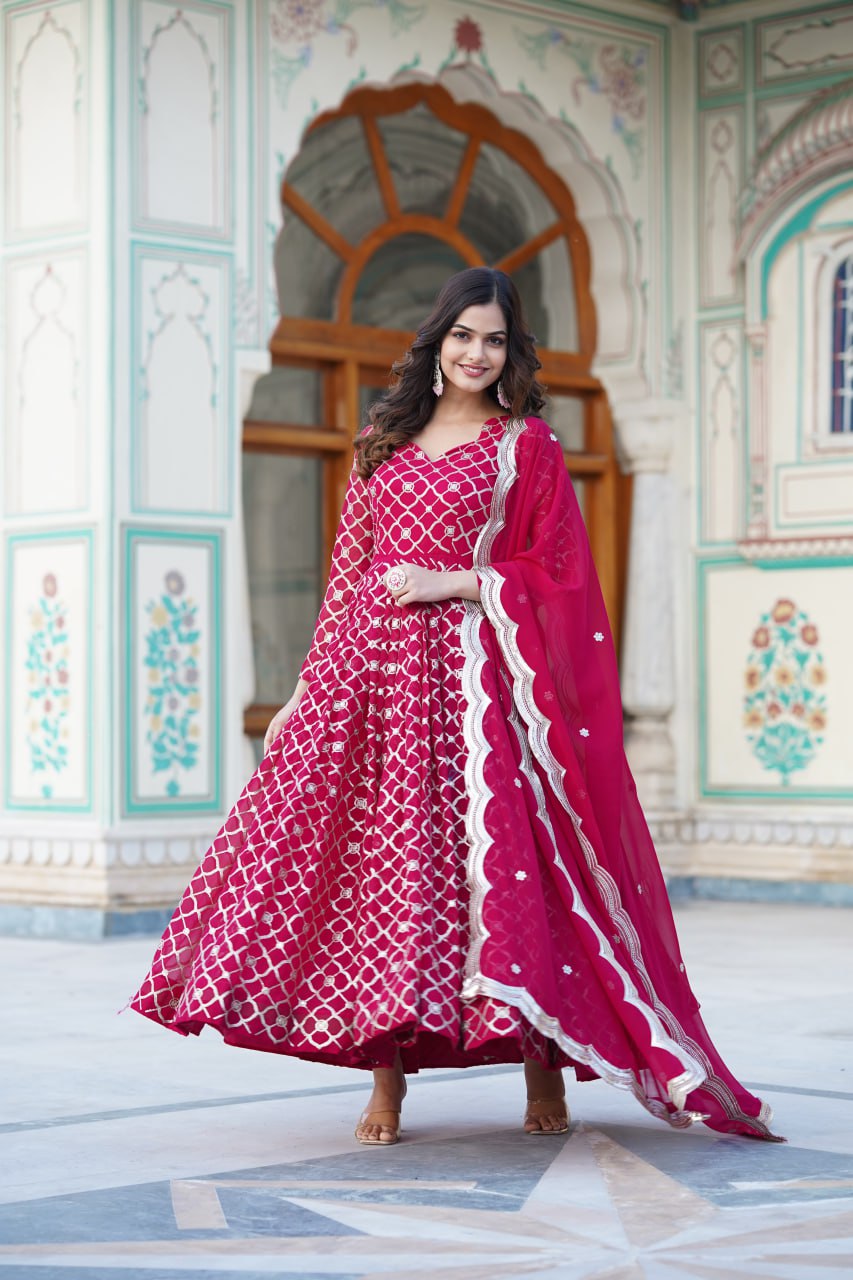 Rani Pink Colour Faux Blooming With Sequins Embroidered Work Gown