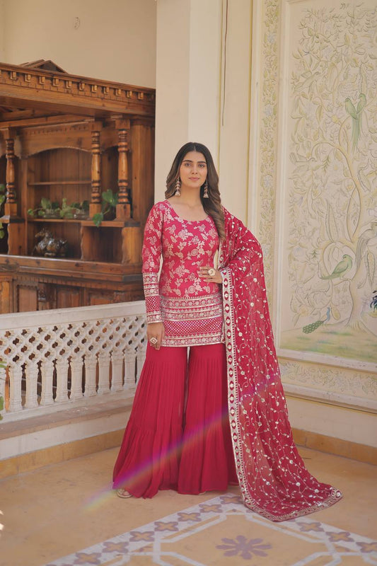 Rani Pink Viscose Jacquerd Sequins And Zari Embroidered Work Top Gharara With Dupatta