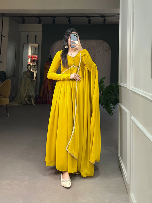 Yellow Color Plain And Sequins Embroidery Lace Georgette Gown