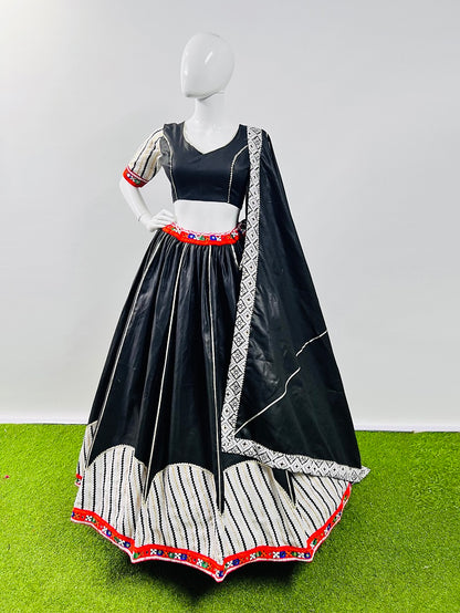 Black Pure Cotton Silk Printed With Gotta Patti and Gamthi Lace Work Navratri Lehenga Choli