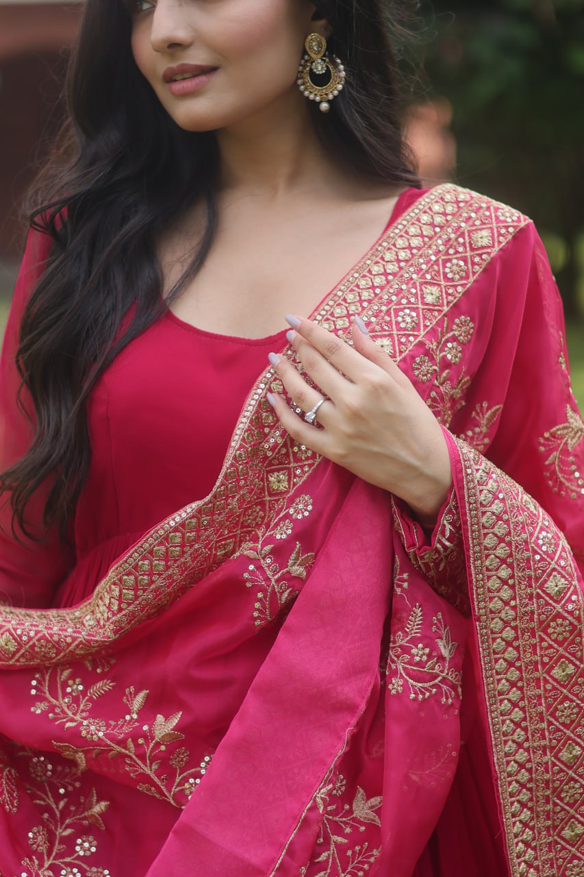 Pink Faux Blooming Gown With Dupatta With Attractive Embroidered Sequins Work With Lace Border