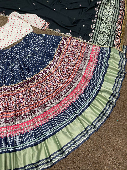 Black Fancy Digital Print And Real Mirror Hand Work Lahengha Choli With Dupatta