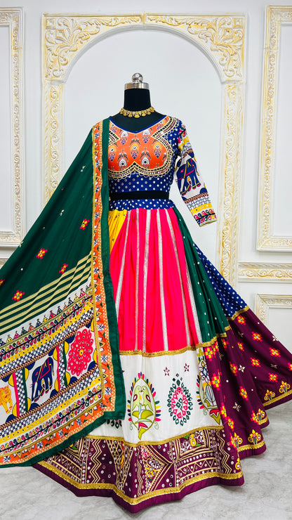 Multicolor Digital Print Real Mirror Work Navratri Lehenga Choli