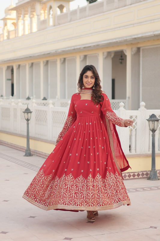 Orange Red Colour Faux Georgette With Sequins Embroidered Work Gown With Dupatta