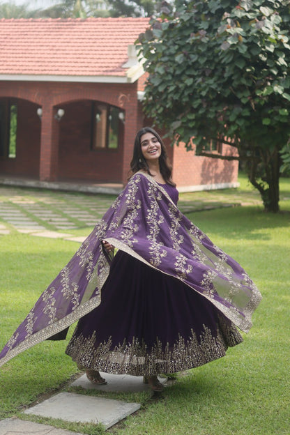 Purple  Faux Blooming Gown With Dupatta With Attractive Embroidered Sequins Work With Lace Border