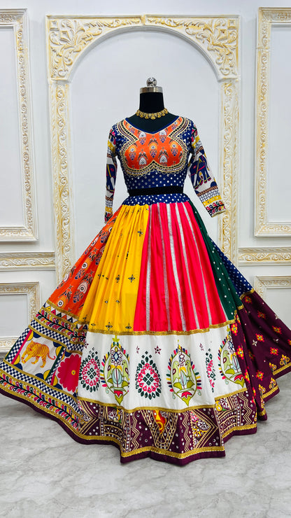 Multicolor Digital Print Real Mirror Work Navratri Lehenga Choli