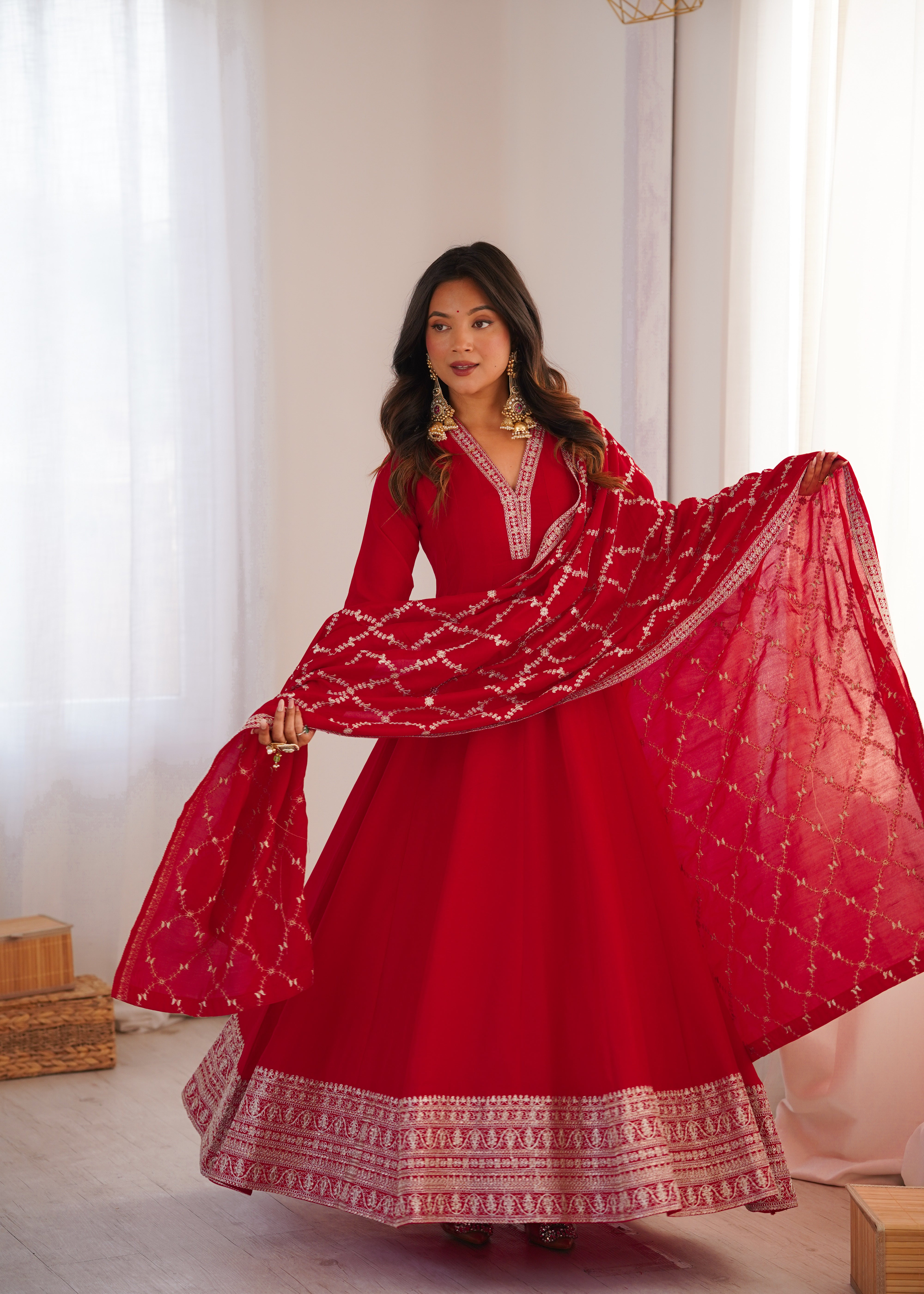 Red Pure Vichitra Silk Kali Pattern Anarkali Gown – Festive Designer Anarkali Dress