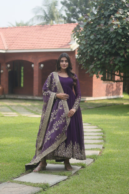 Purple  Faux Blooming Gown With Dupatta With Attractive Embroidered Sequins Work With Lace Border