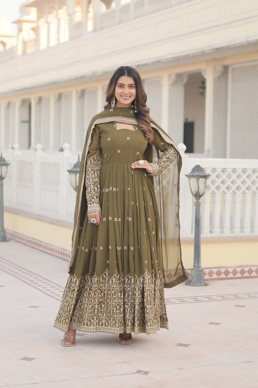 Mehendi Colour Faux Georgette With Sequins Embroidered Work Gown With Dupatta