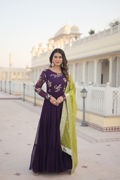 Purple Faux Georgette Gown With Russian Silk Dupatta With Adorable Embroidered Thread Work