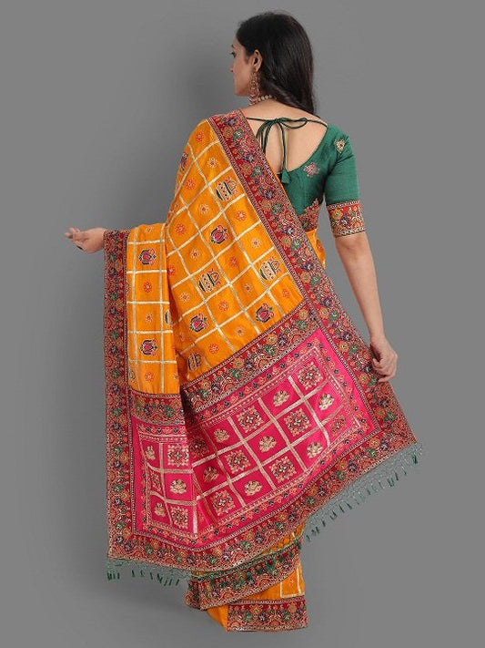 Yellow and Pink Beautiful Designer Panetar Silk Saree