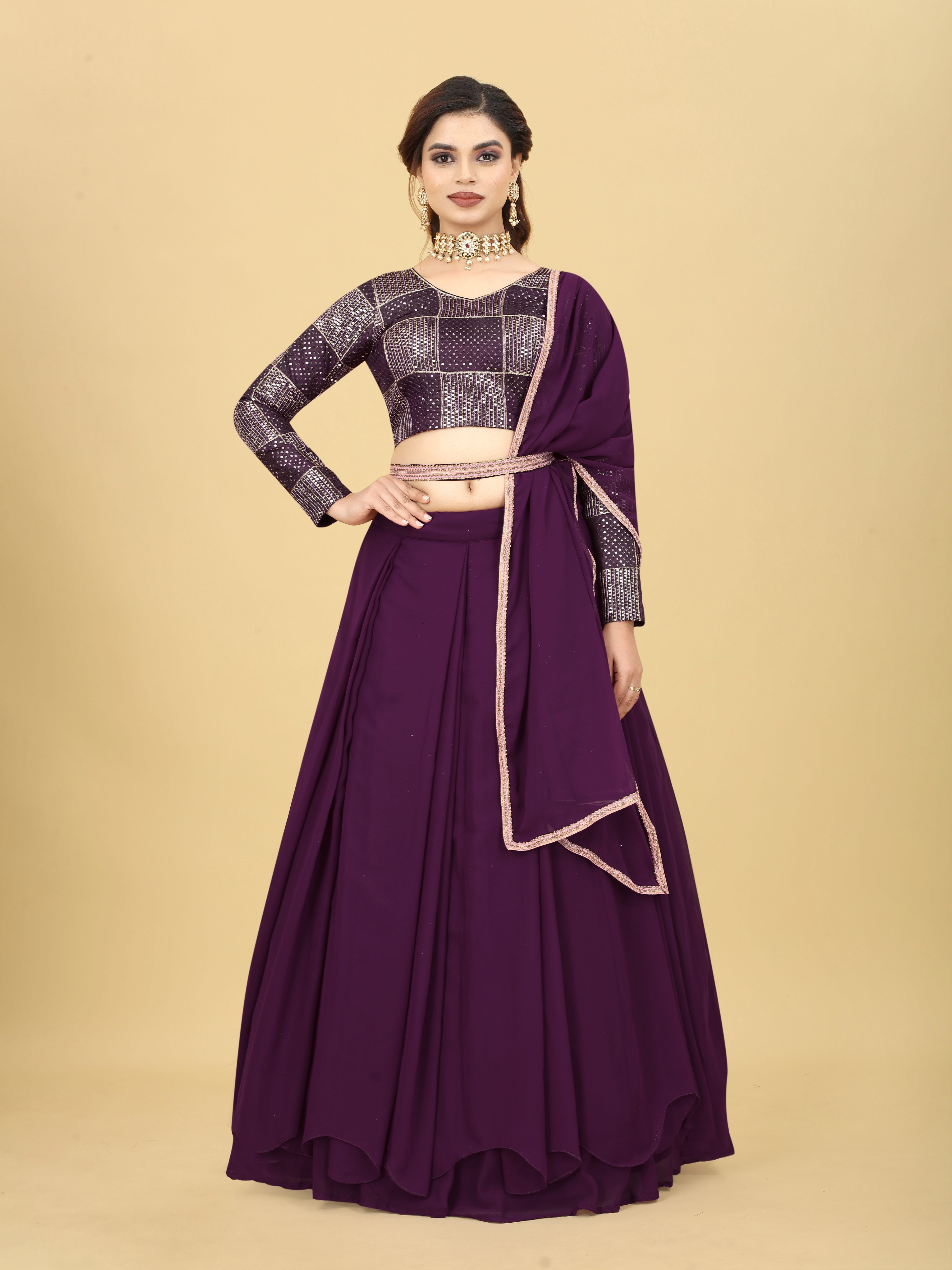 Wine Georgette Heavy Embroidery Thread Sequence Zari Work Semi Stitch Lehenga