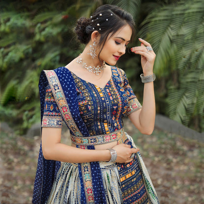 Heavy Shibori Digital Print Traditional Royal Blue Full Stitched Lahenga Choli