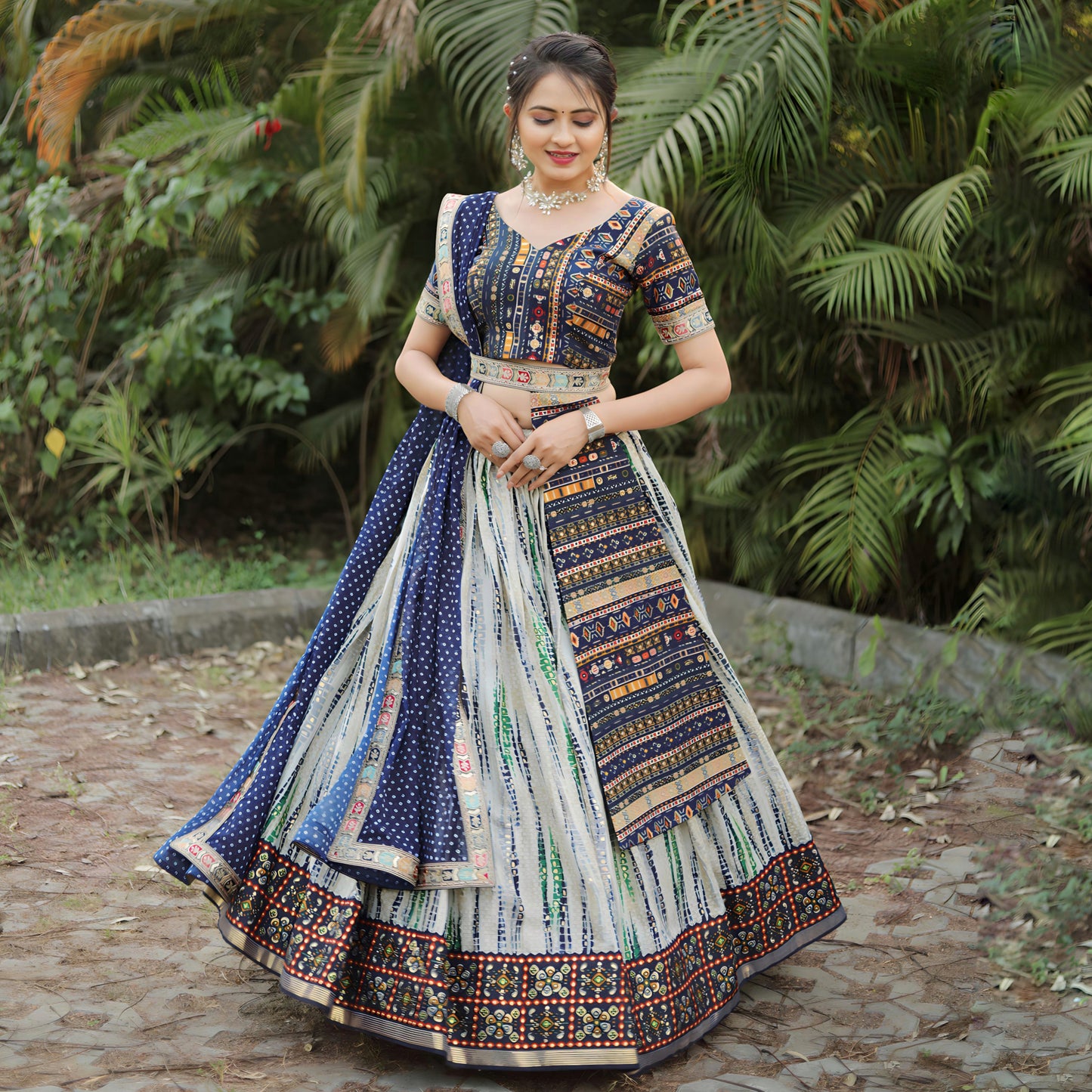 Heavy Shibori Digital Print Traditional Royal Blue Full Stitched Lahenga Choli