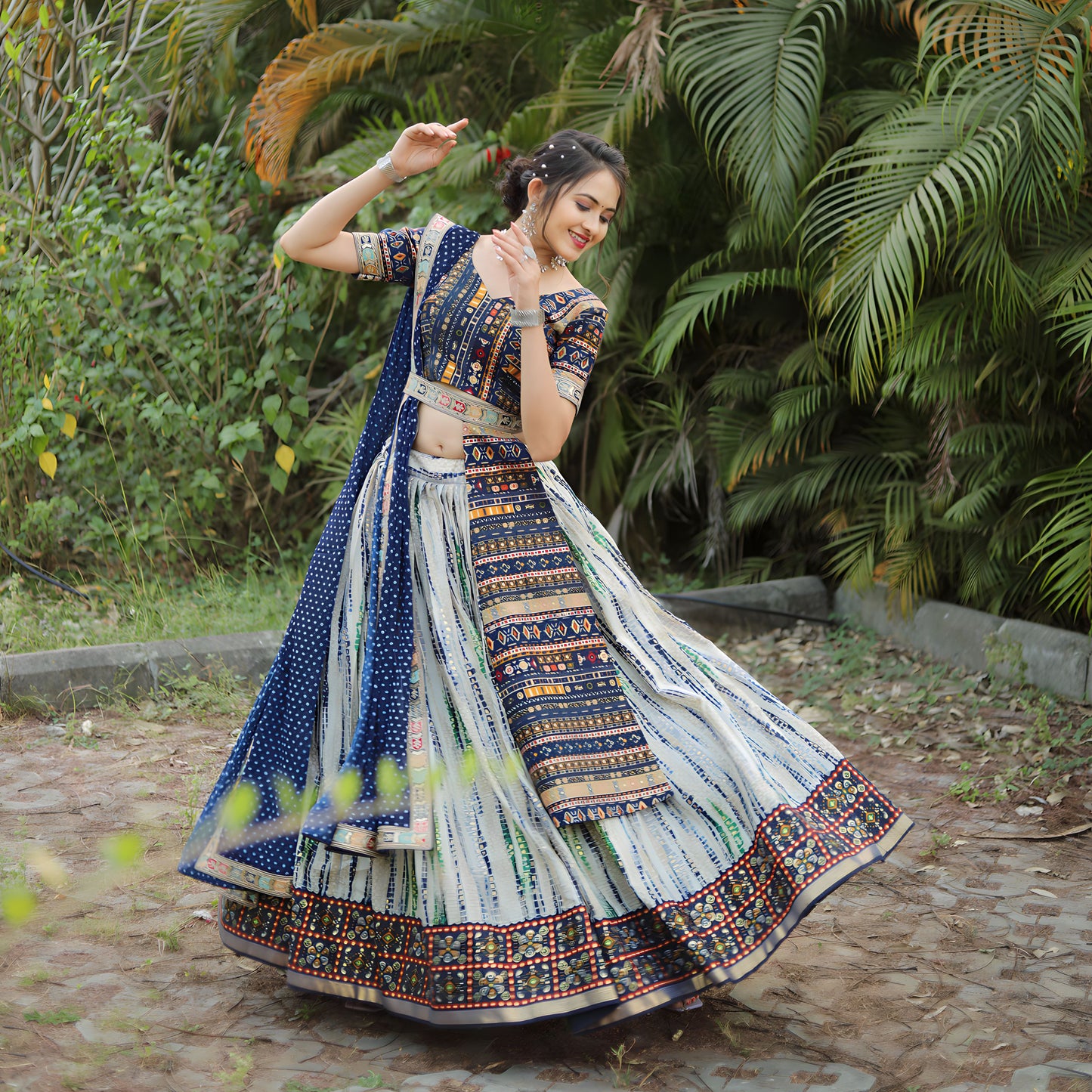 Heavy Shibori Digital Print Traditional Royal Blue Full Stitched Lahenga Choli