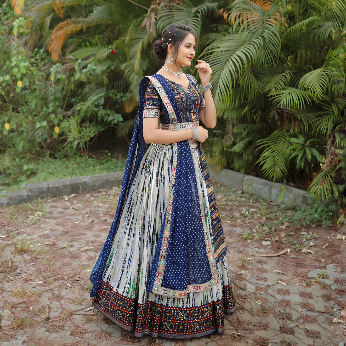 Heavy Shibori Digital Print Traditional Royal Blue Full Stitched Lahenga Choli