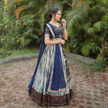 Heavy Shibori Digital Print Traditional Royal Blue Full Stitched Lahenga Choli