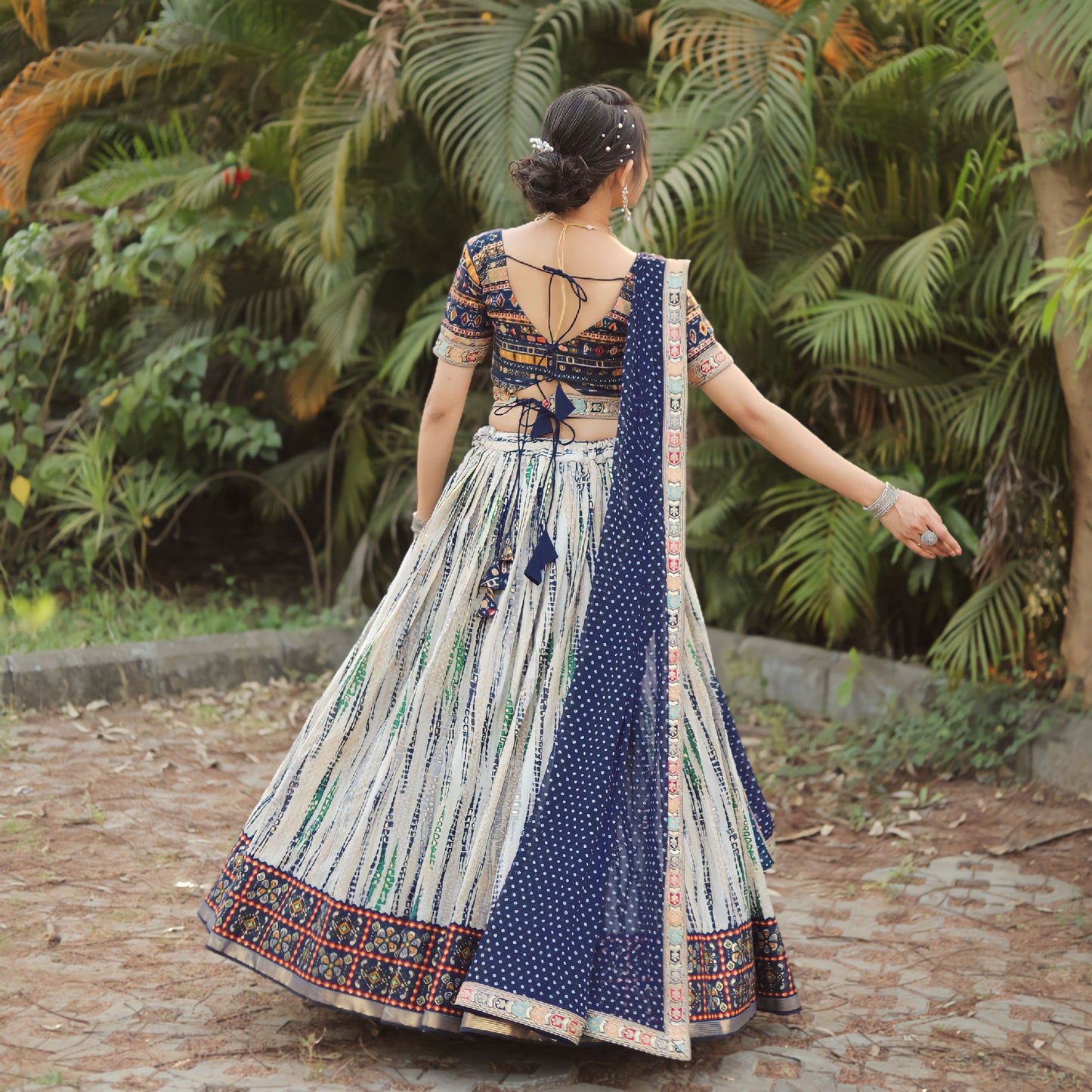 Heavy Shibori Digital Print Traditional Royal Blue Full Stitched Lahenga Choli