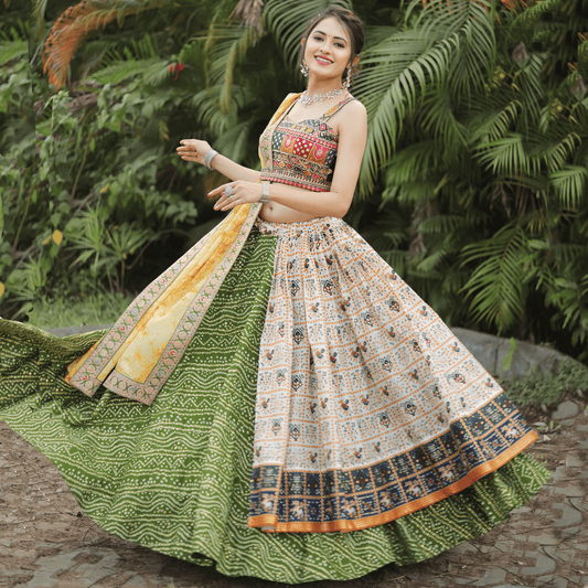 Heavy Digital Print Bandhej Patola Foil Print Full Stitched Lahenga Choli