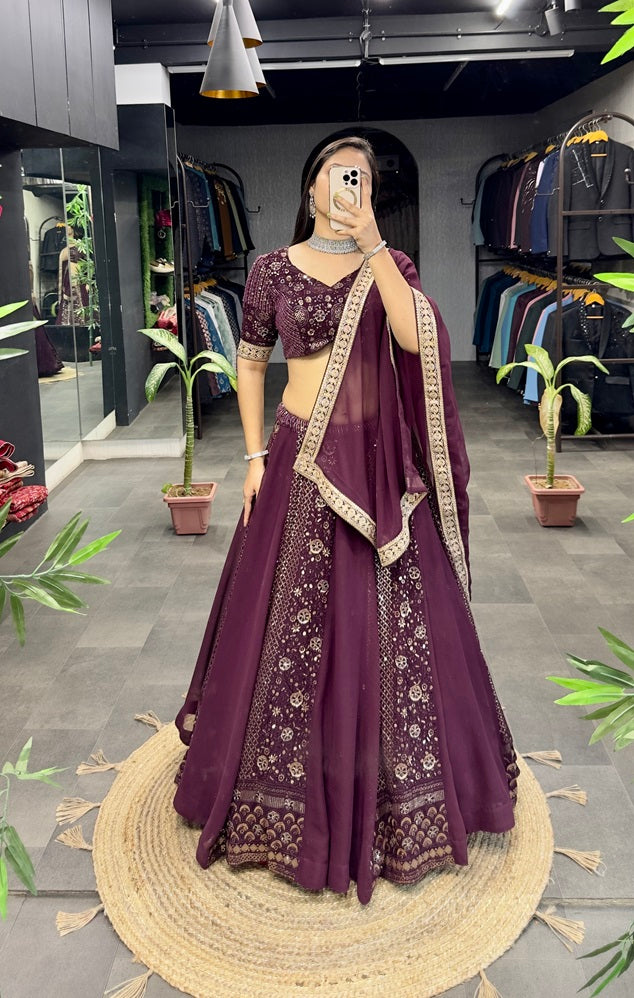 Wine Heavy Georgette Embroidery Zari Sequence Coding Lace Work Full Stitched Lehenga Choli