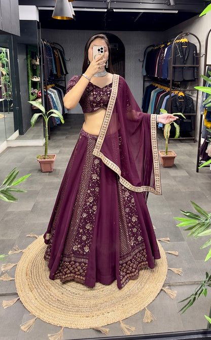 Wine Heavy Georgette Embroidery Zari Sequence Coding Lace Work Full Stitched Lehenga Choli