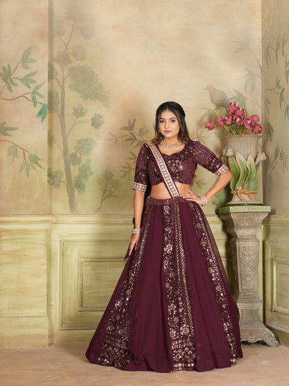 Wine Heavy Georgette Embroidery Zari Sequence Coding Lace Work Full Stitched Lehenga Choli