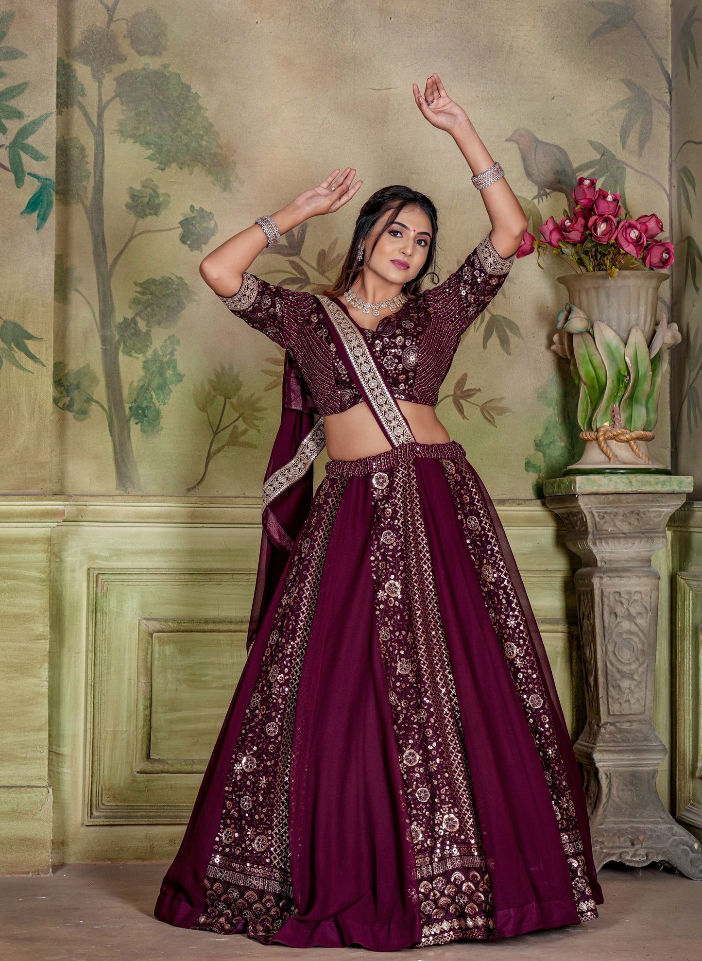 Wine Heavy Georgette Embroidery Zari Sequence Coding Lace Work Full Stitched Lehenga Choli