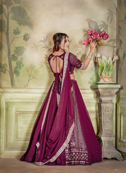 Wine Heavy Georgette Embroidery Zari Sequence Coding Lace Work Full Stitched Lehenga Choli