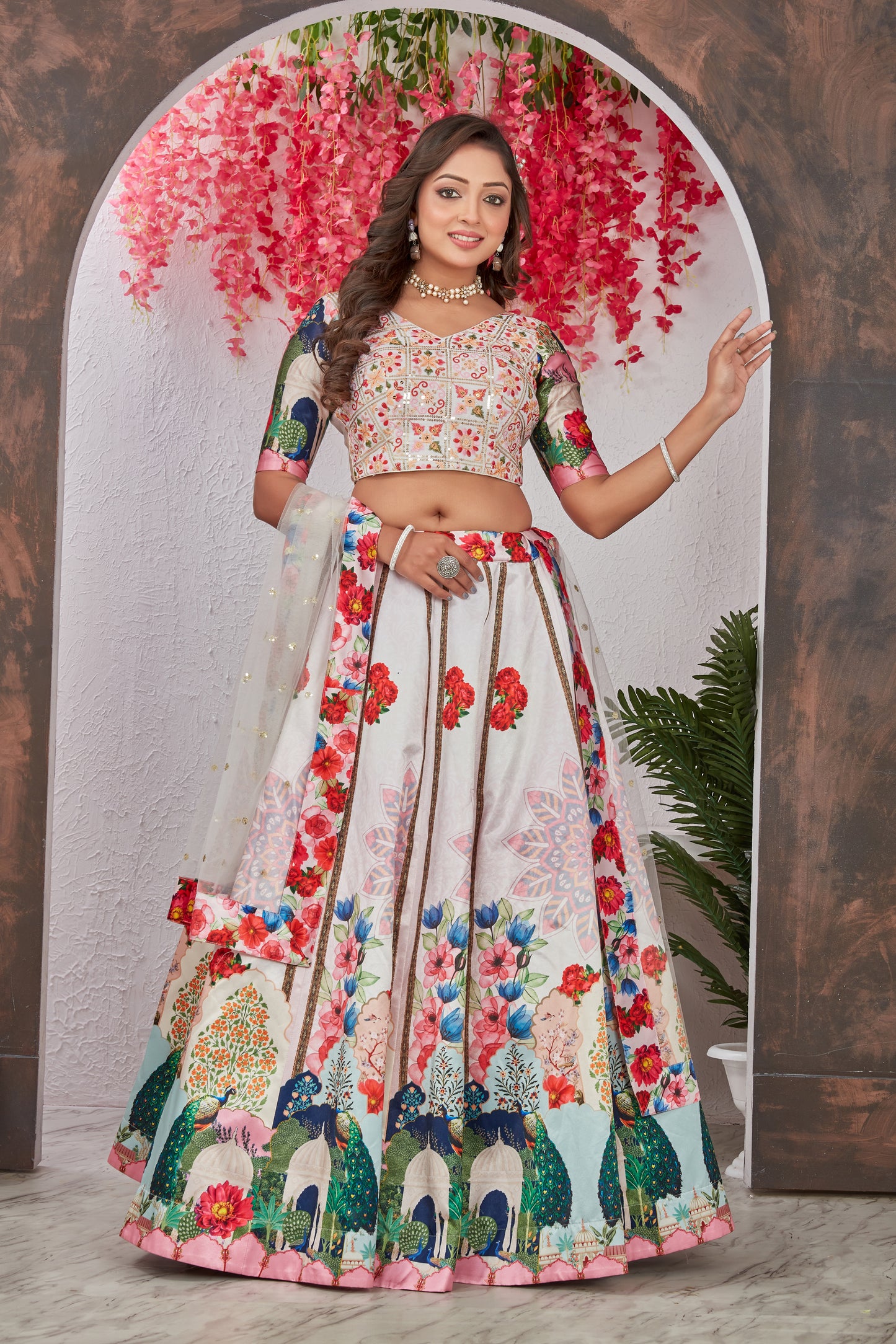 Off White Medonna Silk Heavy Digital Print Full Stitched Lehenga