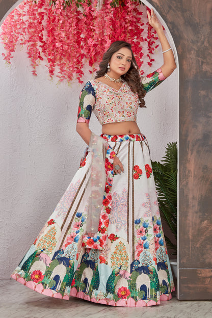 Off White Medonna Silk Heavy Digital Print Full Stitched Lehenga