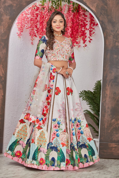 Off White Medonna Silk Heavy Digital Print Full Stitched Lehenga