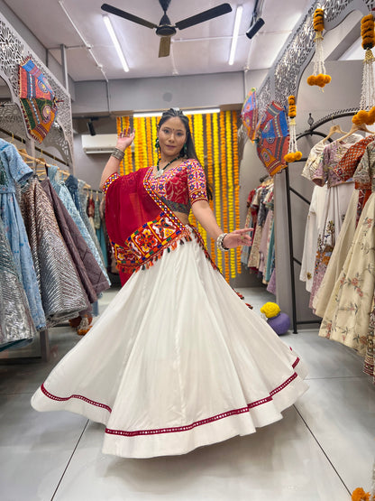 White Color Reyon Readymade Mirror Lace Multi Febric Cotton Full Stitched Lehenga Choli