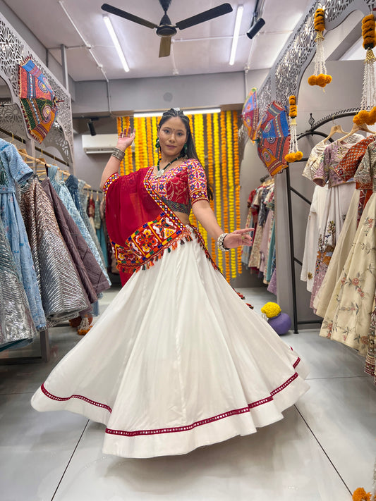 White Color Reyon Readymade Mirror Lace Multi Febric Cotton Full Stitched Lehenga Choli