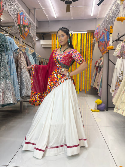 White Color Reyon Readymade Mirror Lace Multi Febric Cotton Full Stitched Lehenga Choli