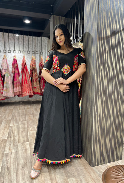 Black Roman Silk Gamthi Work Navratri Gown