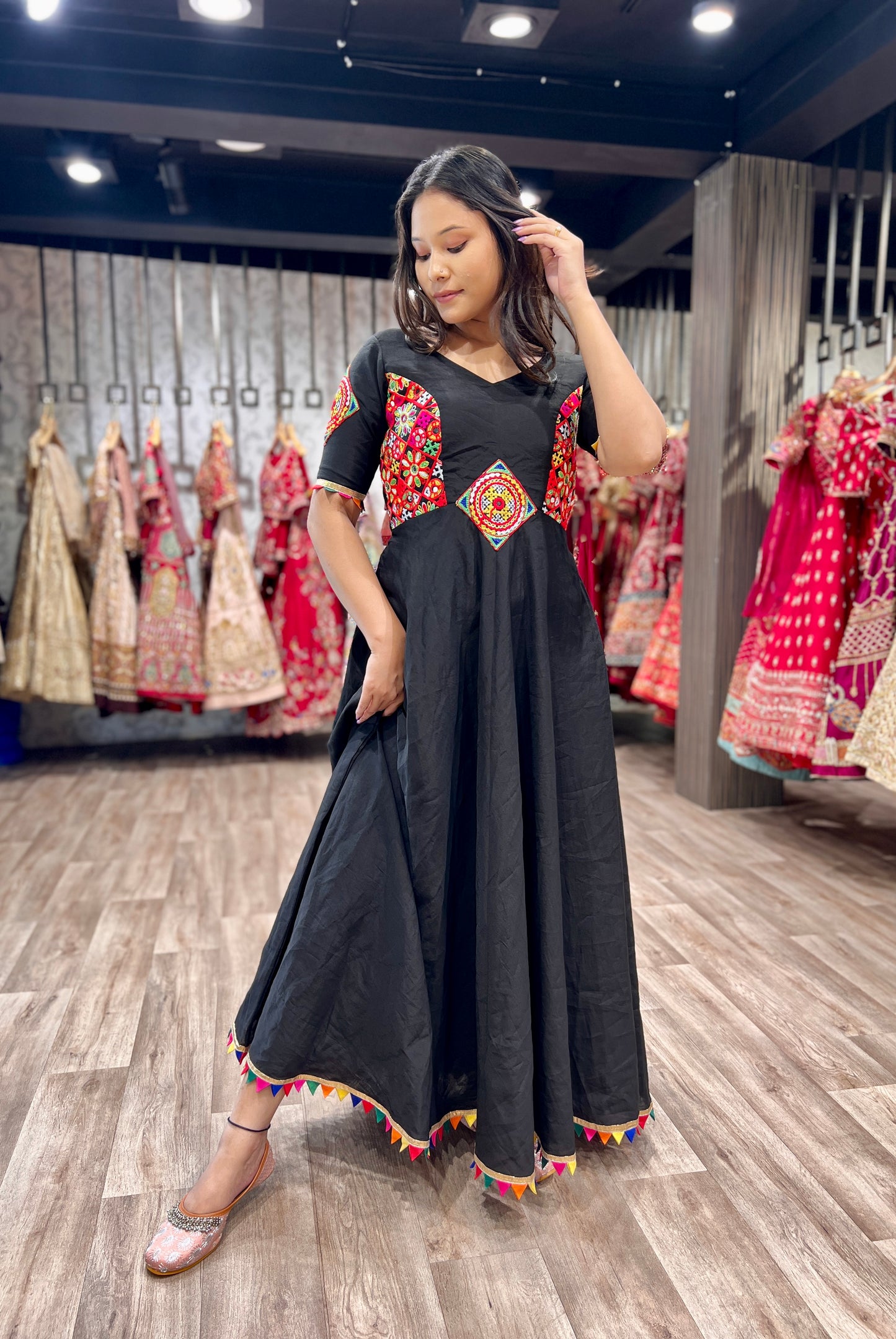 Black Roman Silk Gamthi Work Navratri Gown