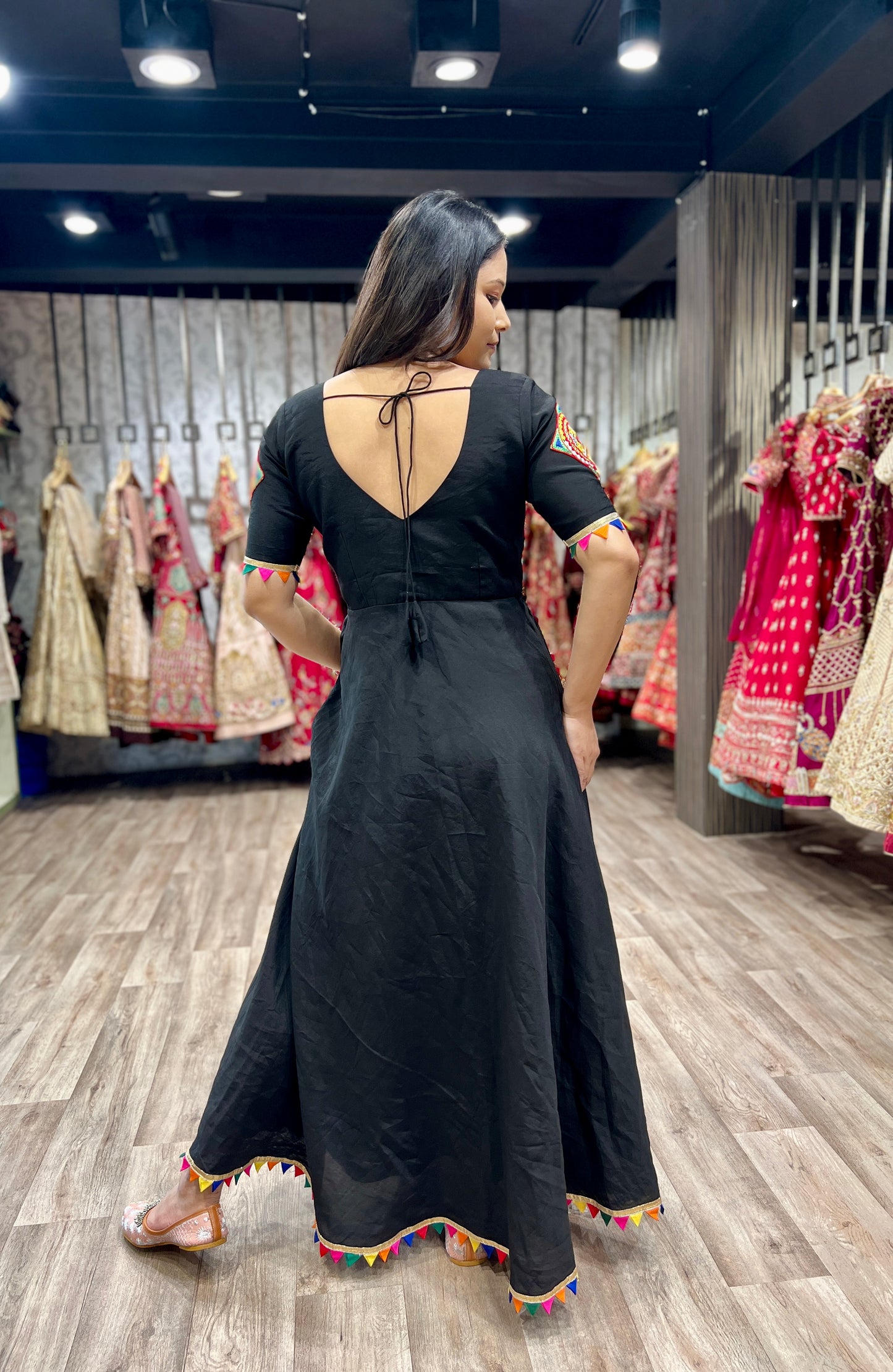 Black Roman Silk Gamthi Work Navratri Gown