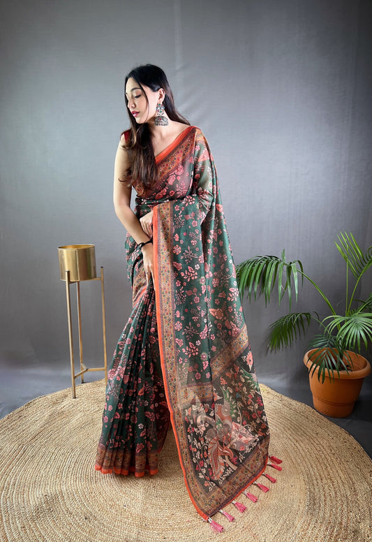 B Green Pure Malai Cotton Women Floral Print with Contrast Border Saree