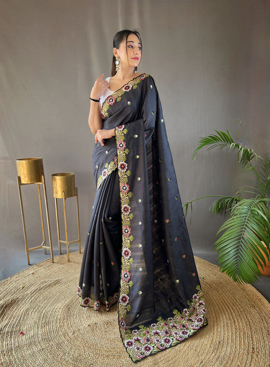 Black Pure Tussar Silk Embroidery Work Saree