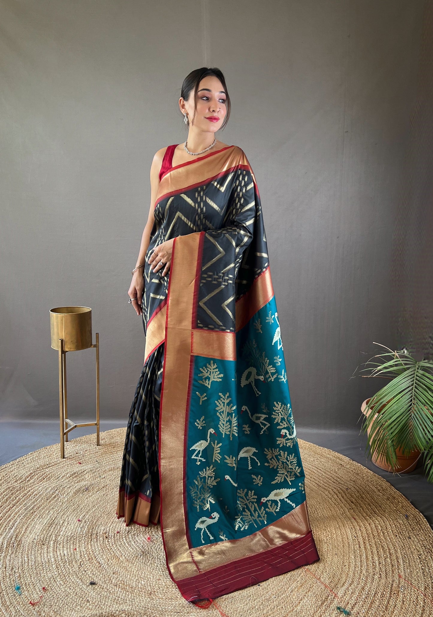 Charcoal Black Zig Zag Viscose Zari Design Soft Banarasi Silk Saree