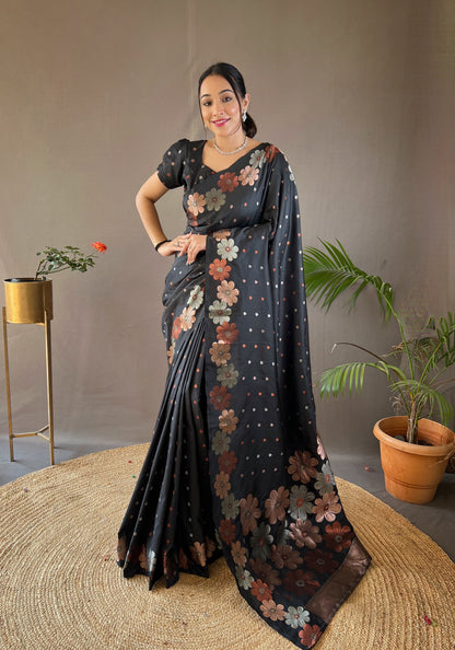 Black Pure Soft Silk Weaving Jacquard Jari Ethnic Saree