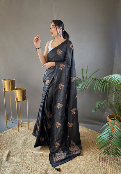 Gorgeous Black Color Embroidered Soft Silk Saree